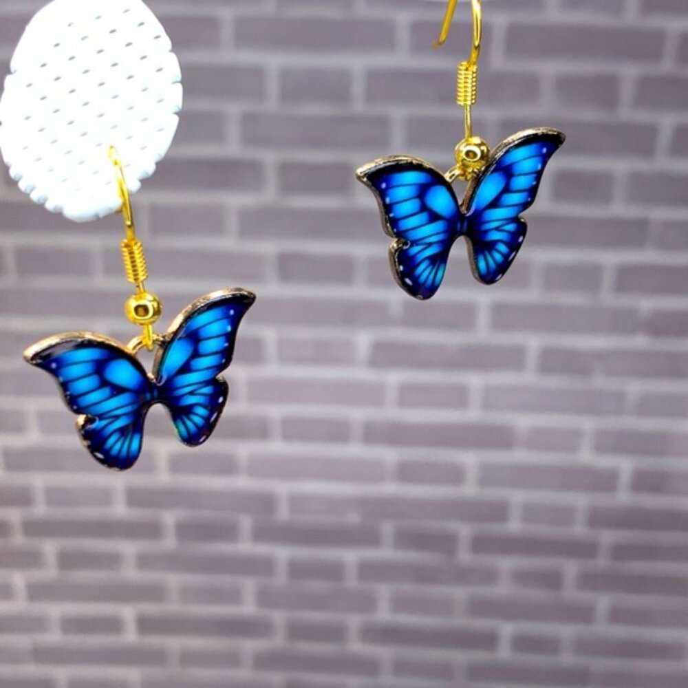 Source Unknown Blue Butterfly Drop Earrings with Gold Hooks